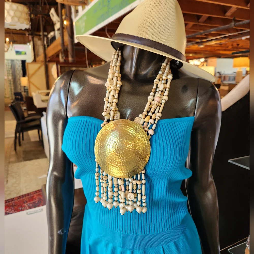 Neutral Beaded Statement Necklace with Bold Medallion ๐ - Picture 4 of 17